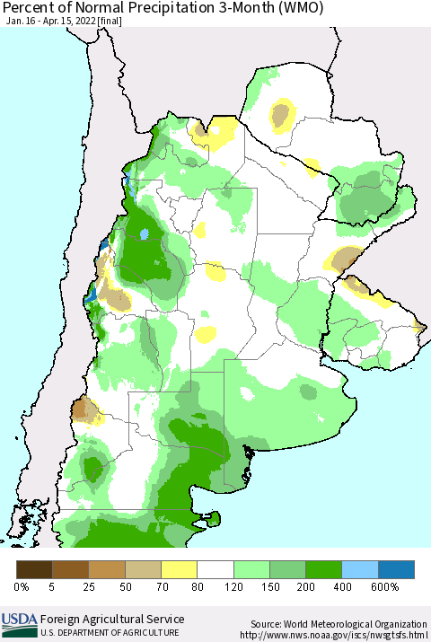 Southern South America Percent of Normal Precipitation 3-Month (WMO) Thematic Map For 1/16/2022 - 4/15/2022