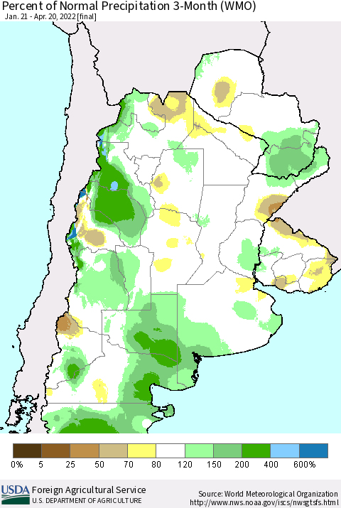 Southern South America Percent of Normal Precipitation 3-Month (WMO) Thematic Map For 1/21/2022 - 4/20/2022