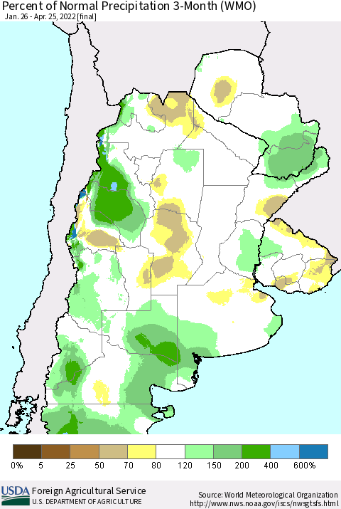 Southern South America Percent of Normal Precipitation 3-Month (WMO) Thematic Map For 1/26/2022 - 4/25/2022