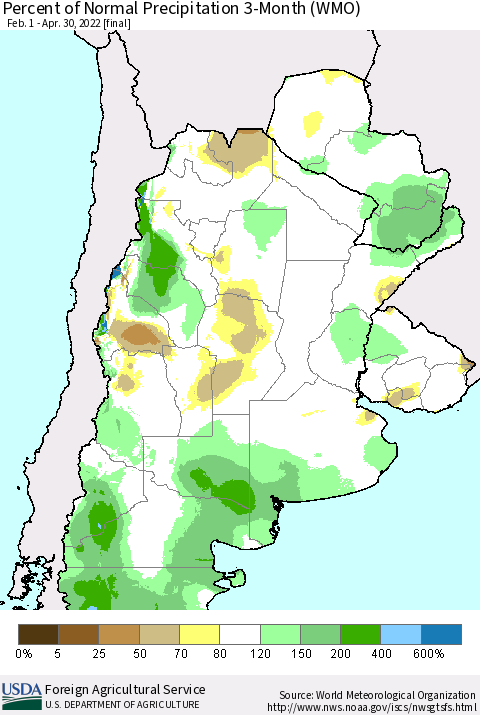 Southern South America Percent of Normal Precipitation 3-Month (WMO) Thematic Map For 2/1/2022 - 4/30/2022