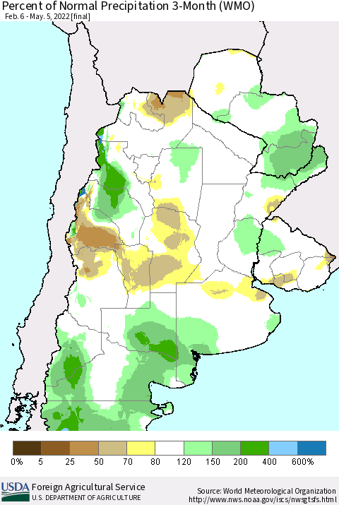 Southern South America Percent of Normal Precipitation 3-Month (WMO) Thematic Map For 2/6/2022 - 5/5/2022