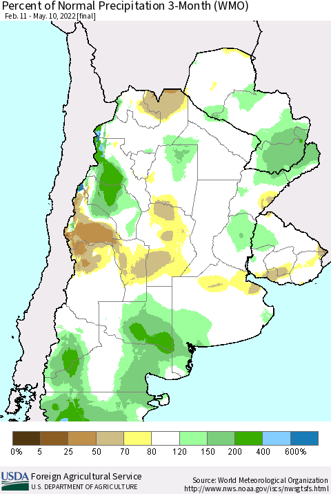 Southern South America Percent of Normal Precipitation 3-Month (WMO) Thematic Map For 2/11/2022 - 5/10/2022
