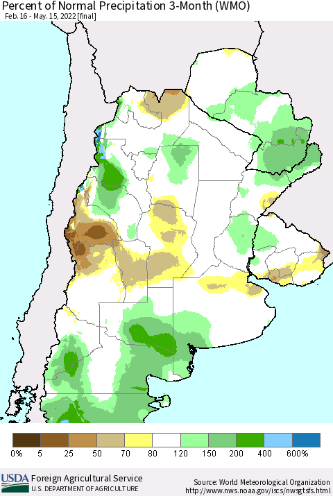 Southern South America Percent of Normal Precipitation 3-Month (WMO) Thematic Map For 2/16/2022 - 5/15/2022
