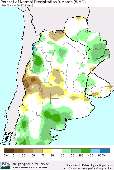 Southern South America Percent of Normal Precipitation 3-Month (WMO) Thematic Map For 2/21/2022 - 5/20/2022