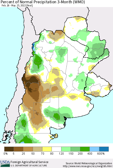 Southern South America Percent of Normal Precipitation 3-Month (WMO) Thematic Map For 2/26/2022 - 5/25/2022