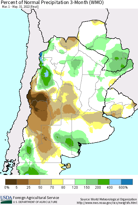 Southern South America Percent of Normal Precipitation 3-Month (WMO) Thematic Map For 3/1/2022 - 5/31/2022