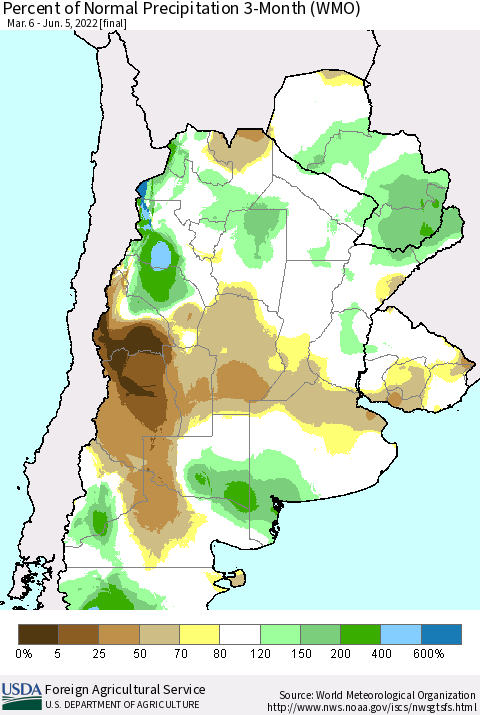 Southern South America Percent of Normal Precipitation 3-Month (WMO) Thematic Map For 3/6/2022 - 6/5/2022