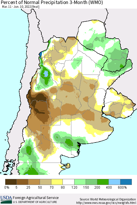 Southern South America Percent of Normal Precipitation 3-Month (WMO) Thematic Map For 3/11/2022 - 6/10/2022