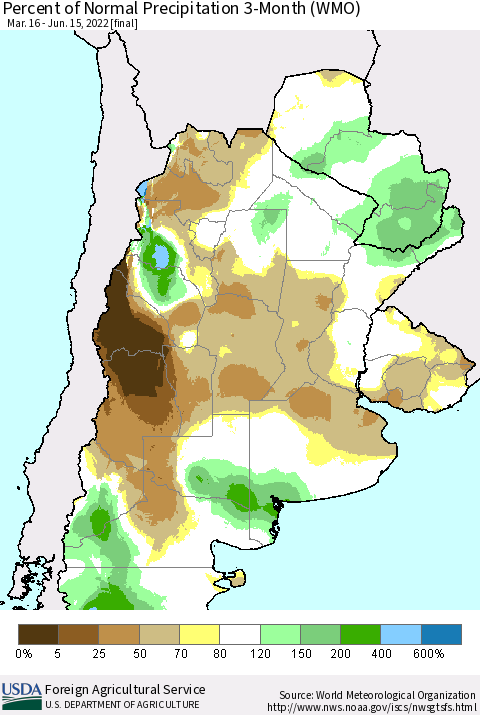 Southern South America Percent of Normal Precipitation 3-Month (WMO) Thematic Map For 3/16/2022 - 6/15/2022