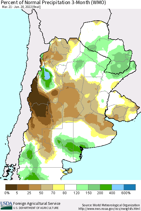 Southern South America Percent of Normal Precipitation 3-Month (WMO) Thematic Map For 3/21/2022 - 6/20/2022