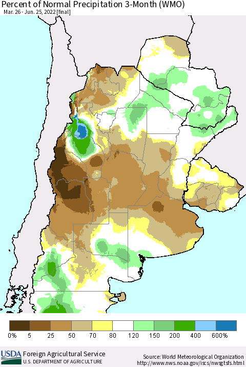 Southern South America Percent of Normal Precipitation 3-Month (WMO) Thematic Map For 3/26/2022 - 6/25/2022