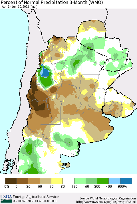 Southern South America Percent of Normal Precipitation 3-Month (WMO) Thematic Map For 4/1/2022 - 6/30/2022