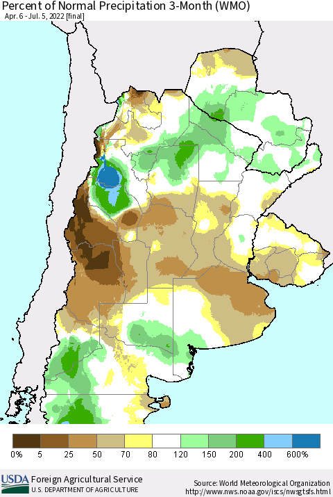 Southern South America Percent of Normal Precipitation 3-Month (WMO) Thematic Map For 4/6/2022 - 7/5/2022