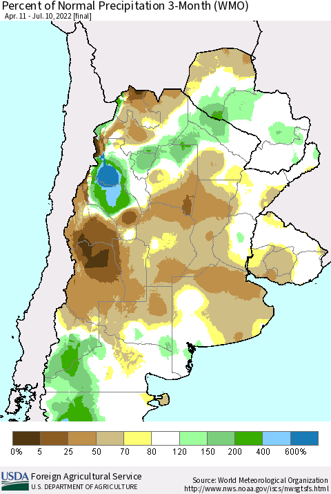 Southern South America Percent of Normal Precipitation 3-Month (WMO) Thematic Map For 4/11/2022 - 7/10/2022