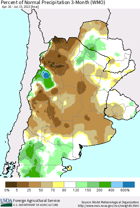Southern South America Percent of Normal Precipitation 3-Month (WMO) Thematic Map For 4/16/2022 - 7/15/2022