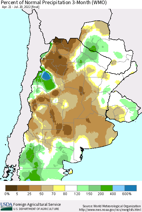 Southern South America Percent of Normal Precipitation 3-Month (WMO) Thematic Map For 4/21/2022 - 7/20/2022