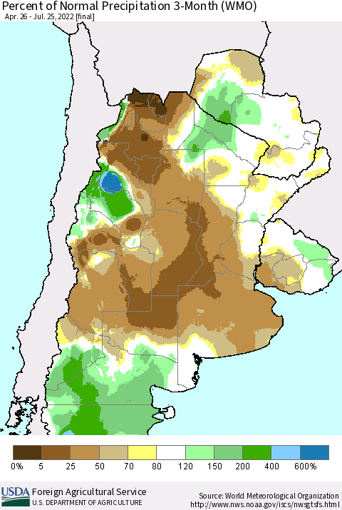 Southern South America Percent of Normal Precipitation 3-Month (WMO) Thematic Map For 4/26/2022 - 7/25/2022
