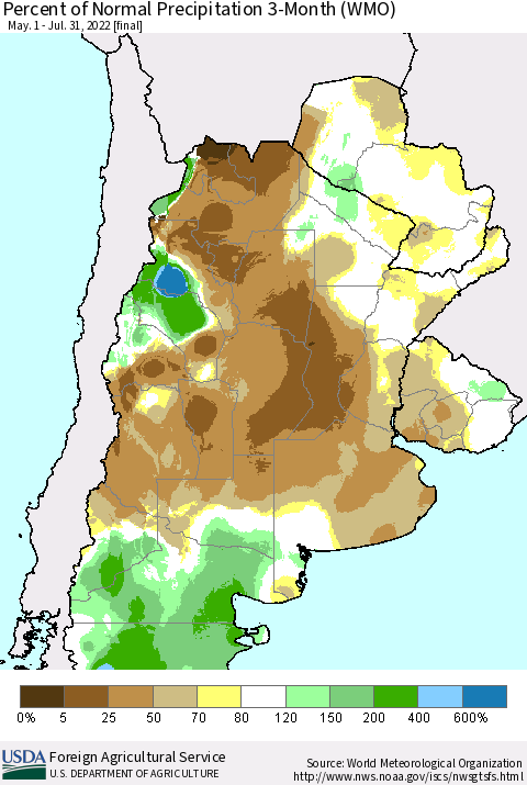 Southern South America Percent of Normal Precipitation 3-Month (WMO) Thematic Map For 5/1/2022 - 7/31/2022