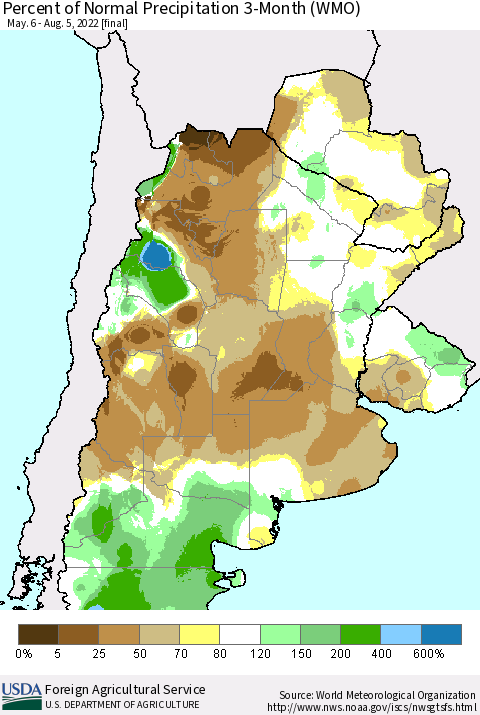 Southern South America Percent of Normal Precipitation 3-Month (WMO) Thematic Map For 5/6/2022 - 8/5/2022