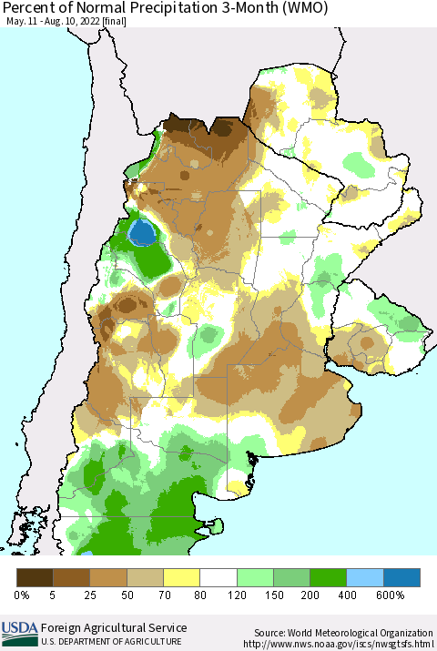 Southern South America Percent of Normal Precipitation 3-Month (WMO) Thematic Map For 5/11/2022 - 8/10/2022