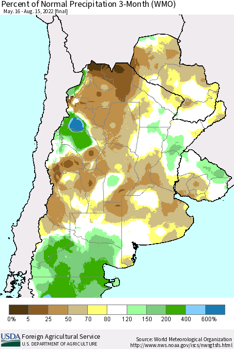 Southern South America Percent of Normal Precipitation 3-Month (WMO) Thematic Map For 5/16/2022 - 8/15/2022