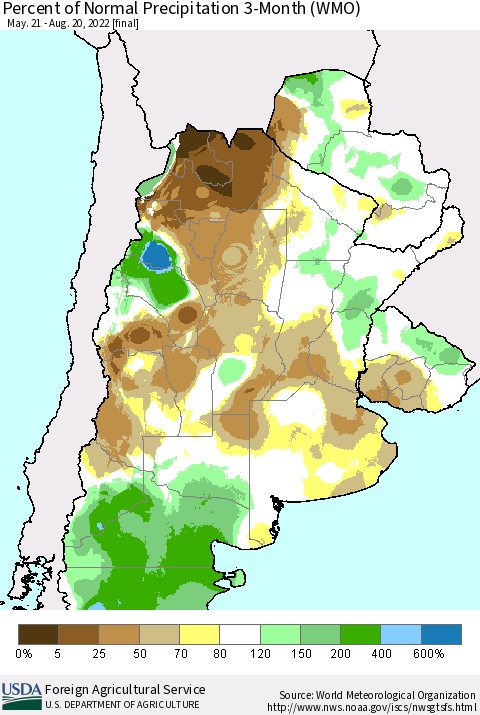 Southern South America Percent of Normal Precipitation 3-Month (WMO) Thematic Map For 5/21/2022 - 8/20/2022