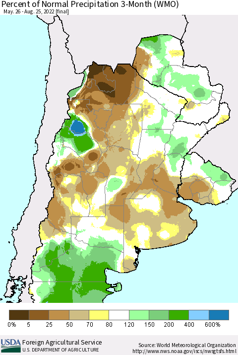Southern South America Percent of Normal Precipitation 3-Month (WMO) Thematic Map For 5/26/2022 - 8/25/2022