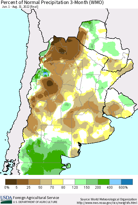 Southern South America Percent of Normal Precipitation 3-Month (WMO) Thematic Map For 6/1/2022 - 8/31/2022