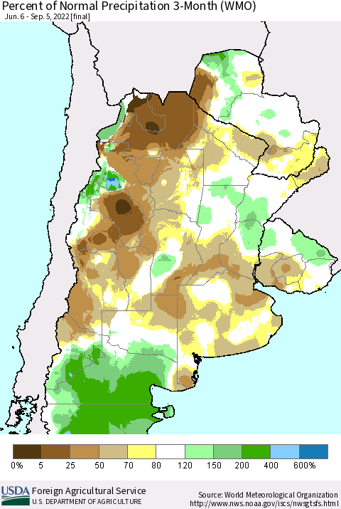 Southern South America Percent of Normal Precipitation 3-Month (WMO) Thematic Map For 6/6/2022 - 9/5/2022