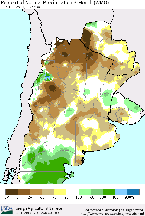 Southern South America Percent of Normal Precipitation 3-Month (WMO) Thematic Map For 6/11/2022 - 9/10/2022