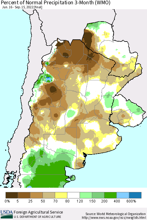 Southern South America Percent of Normal Precipitation 3-Month (WMO) Thematic Map For 6/16/2022 - 9/15/2022