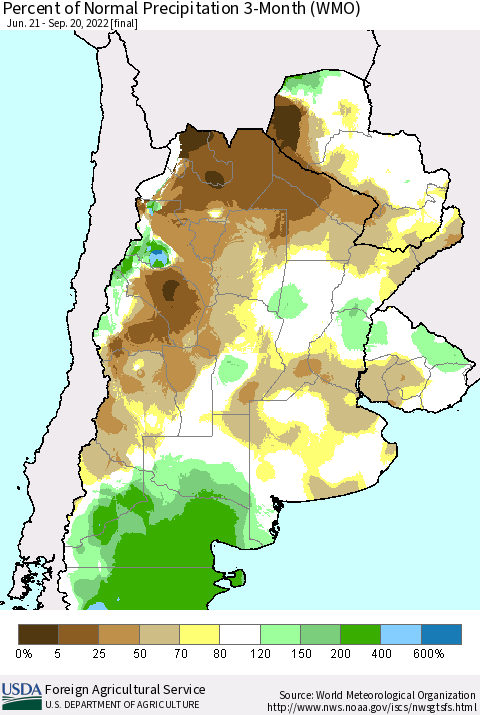 Southern South America Percent of Normal Precipitation 3-Month (WMO) Thematic Map For 6/21/2022 - 9/20/2022