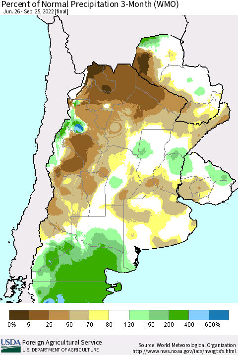 Southern South America Percent of Normal Precipitation 3-Month (WMO) Thematic Map For 6/26/2022 - 9/25/2022