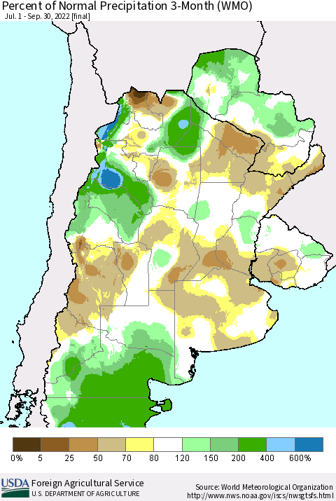 Southern South America Percent of Normal Precipitation 3-Month (WMO) Thematic Map For 7/1/2022 - 9/30/2022