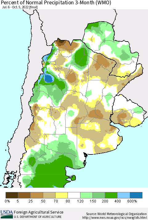 Southern South America Percent of Normal Precipitation 3-Month (WMO) Thematic Map For 7/6/2022 - 10/5/2022