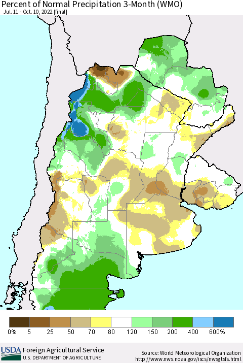 Southern South America Percent of Normal Precipitation 3-Month (WMO) Thematic Map For 7/11/2022 - 10/10/2022