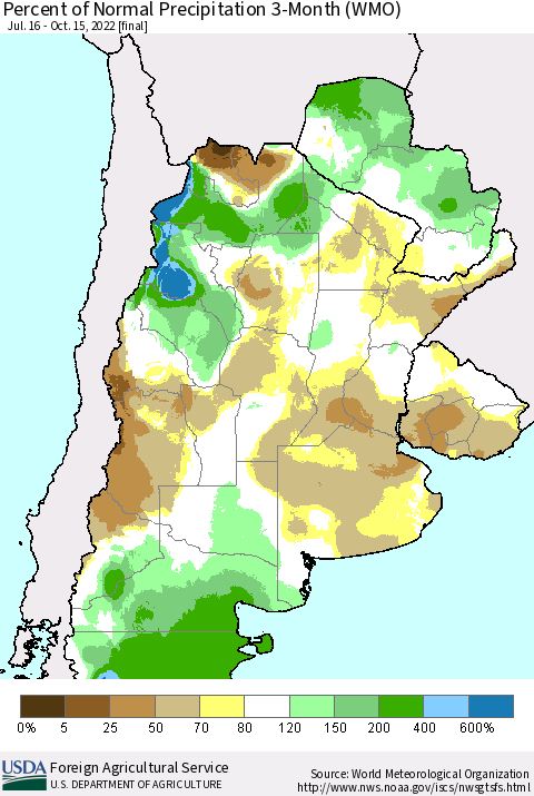 Southern South America Percent of Normal Precipitation 3-Month (WMO) Thematic Map For 7/16/2022 - 10/15/2022