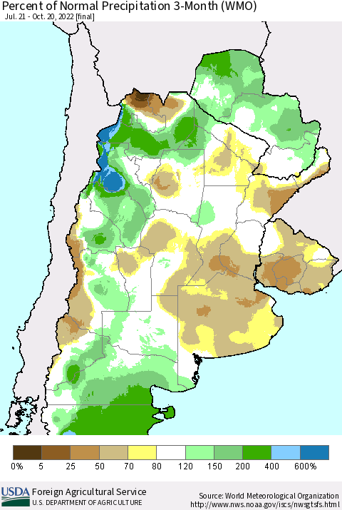Southern South America Percent of Normal Precipitation 3-Month (WMO) Thematic Map For 7/21/2022 - 10/20/2022