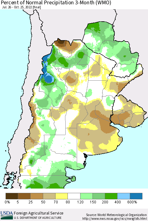 Southern South America Percent of Normal Precipitation 3-Month (WMO) Thematic Map For 7/26/2022 - 10/25/2022