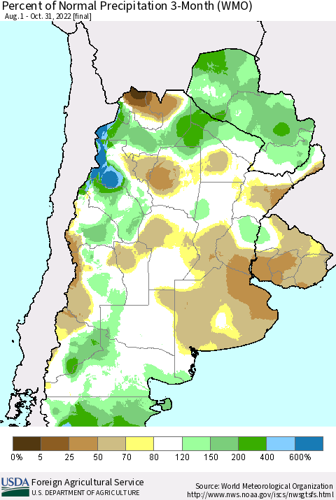 Southern South America Percent of Normal Precipitation 3-Month (WMO) Thematic Map For 8/1/2022 - 10/31/2022