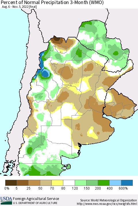 Southern South America Percent of Normal Precipitation 3-Month (WMO) Thematic Map For 8/6/2022 - 11/5/2022