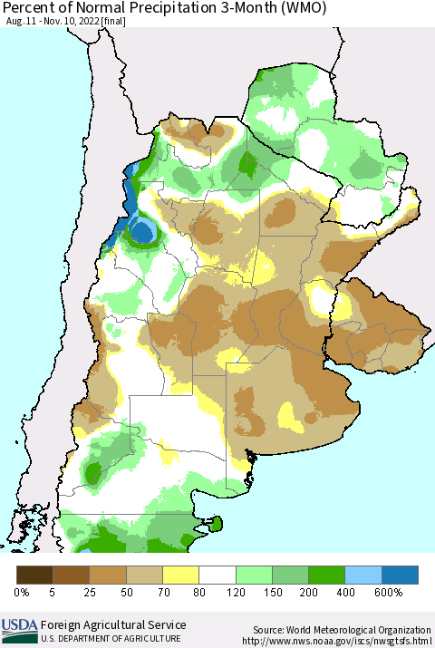 Southern South America Percent of Normal Precipitation 3-Month (WMO) Thematic Map For 8/11/2022 - 11/10/2022