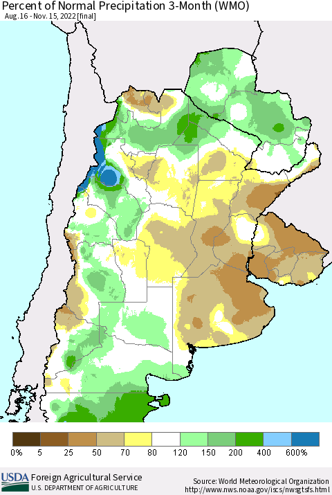 Southern South America Percent of Normal Precipitation 3-Month (WMO) Thematic Map For 8/16/2022 - 11/15/2022