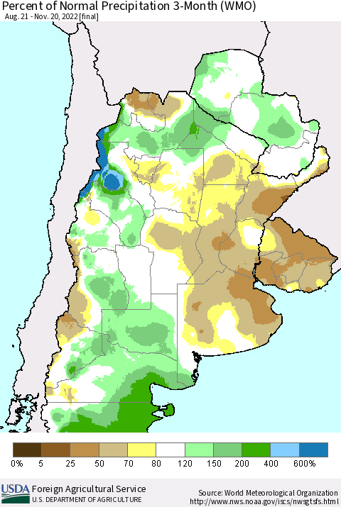 Southern South America Percent of Normal Precipitation 3-Month (WMO) Thematic Map For 8/21/2022 - 11/20/2022