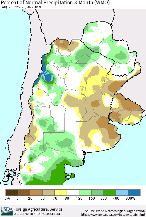 Southern South America Percent of Normal Precipitation 3-Month (WMO) Thematic Map For 8/26/2022 - 11/25/2022