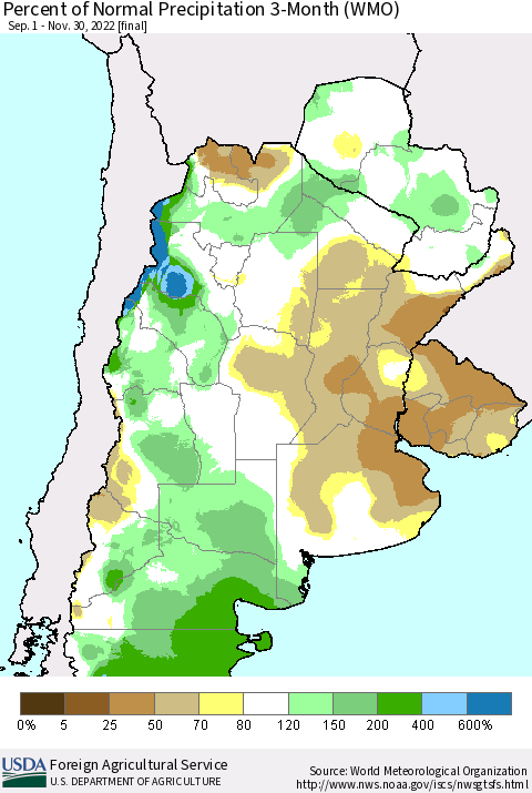 Southern South America Percent of Normal Precipitation 3-Month (WMO) Thematic Map For 9/1/2022 - 11/30/2022
