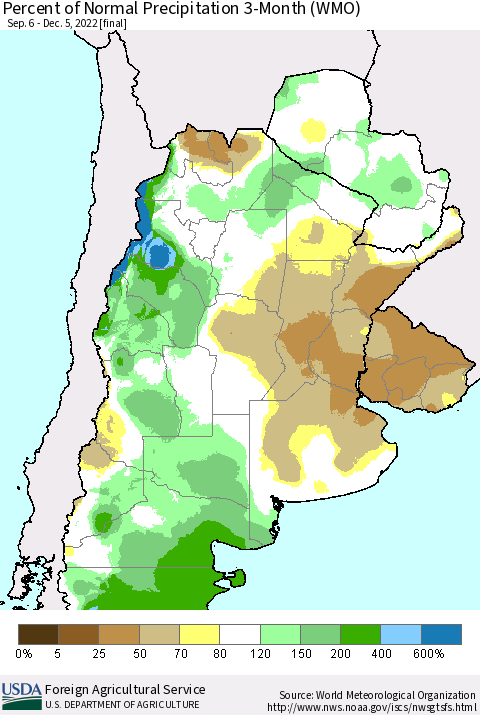 Southern South America Percent of Normal Precipitation 3-Month (WMO) Thematic Map For 9/6/2022 - 12/5/2022