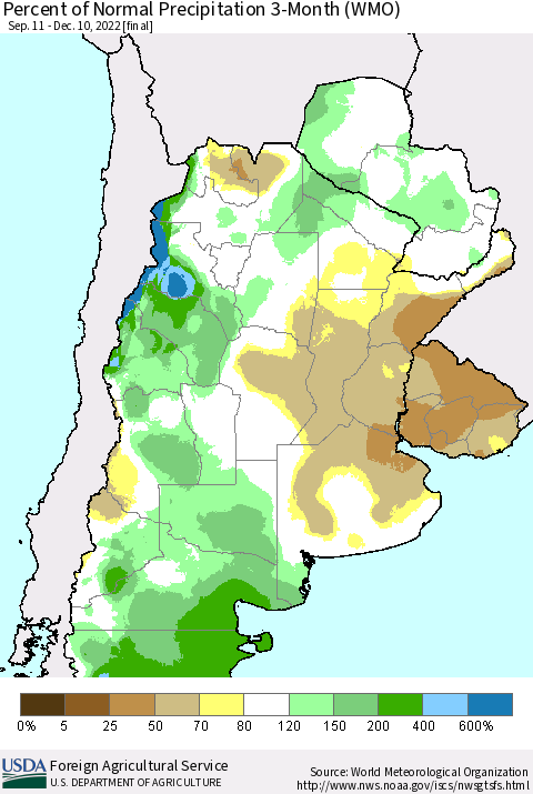 Southern South America Percent of Normal Precipitation 3-Month (WMO) Thematic Map For 9/11/2022 - 12/10/2022