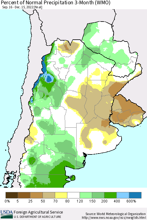 Southern South America Percent of Normal Precipitation 3-Month (WMO) Thematic Map For 9/16/2022 - 12/15/2022