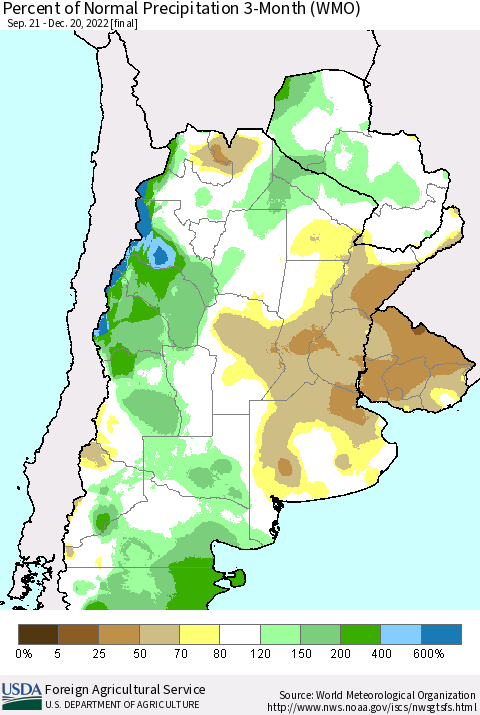 Southern South America Percent of Normal Precipitation 3-Month (WMO) Thematic Map For 9/21/2022 - 12/20/2022